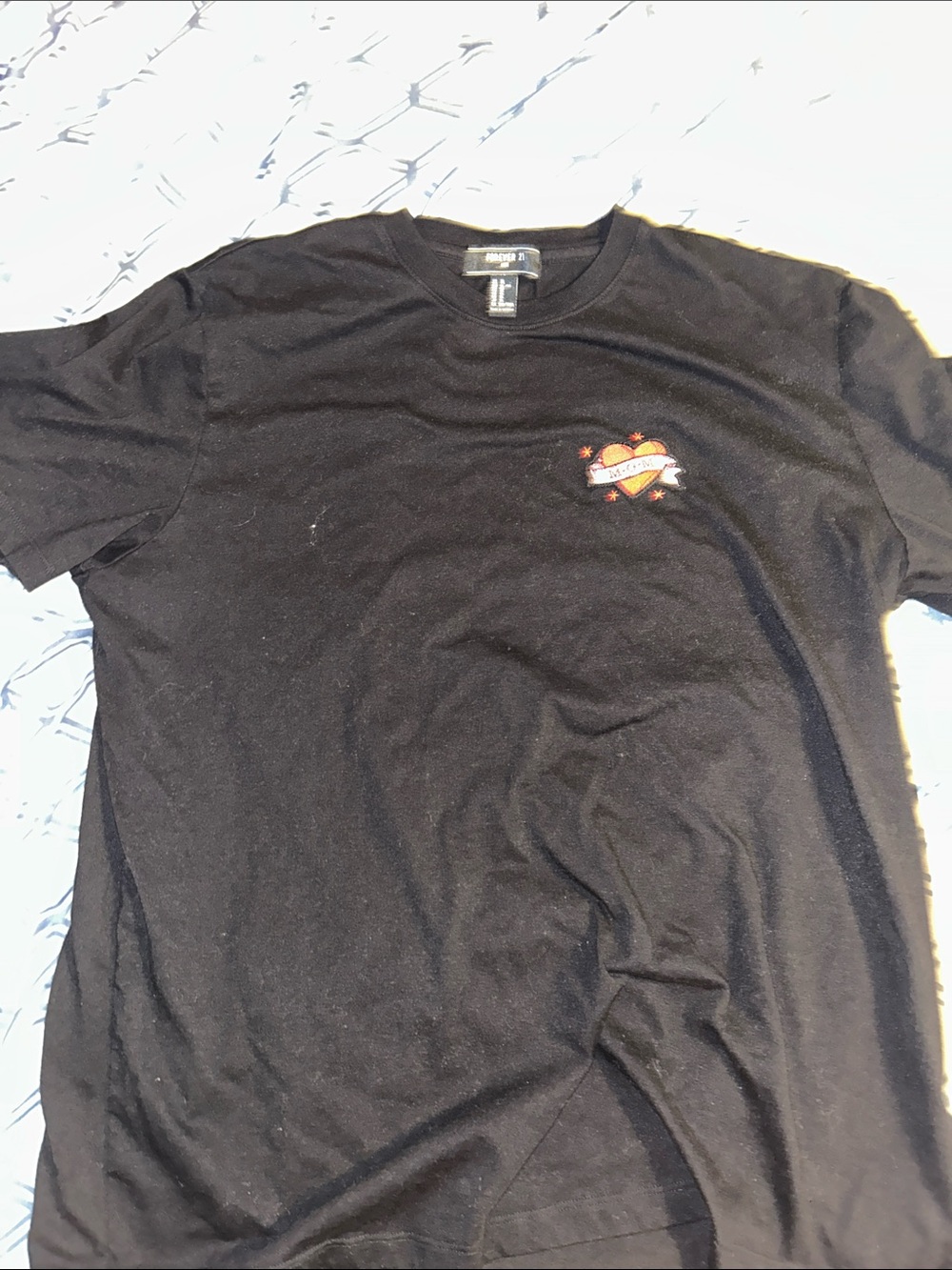 Forever 21 Black Short Sleeve Tee with Small Heart-and-Banner Patch
